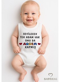 Resim Babyden's Sevilecek Tek Adamı Annem Kapmış Yazılı Kolsuz %100 Pamuk Body Çıtçıtlı Yazlık Bebek Zıbın Beyaz 