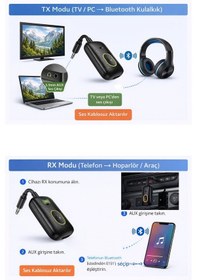 Resim Exenar - Siyah - Aux Bluetooth Ses Adaptörü İki Yönlü Rx/tx Alıcı Verici Araç Tv Televizyon Pc Bilgisayar 3.5mm Jack 