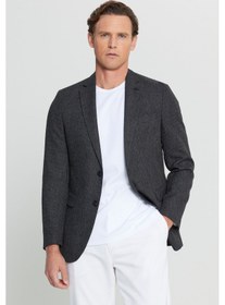 Resim AC&Co / Altınyıldız Classics Erkek Sıyah Keten Regular Fit Normal Kesim Mono Yaka Kapak Cepli Armürlü Blazer Ceket Siyah 