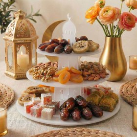 Resim Ramazan İkramlık Servis Standı - Yuvarlak 3 Katlı Akrilik Sunumluk - 30x30 cm / Şeffaf 