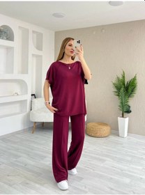 Resim Hazego Kadın Kısa Kollu Kayık Yakalı Dikiş Izi Detaylı Viskon Iki Iplik Bluz Ve Pantolon Ikili Takım Bordo 