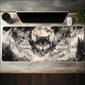 Resim 65X25 CM AY VE KURT TEMALI KAYDIRMAZ TABAN SPEED YÜZEY OYUNCU MOUSE PAD GAMİNG 