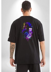 Resim Gamer Oyuncu Kulaklığı Renkli Pamuklu Unisex Oversize Sırt Dijital Baskılı Siyah T-shirt Siyah 