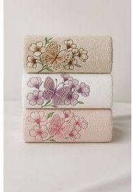 Resim 3'lü Lüks %100 Pamuklu Mutfak Havlusu Seti 3d Kelebek Aplikeli 30x50 Cm Çok Renkli 