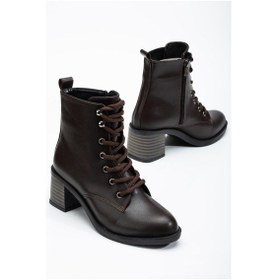 Resim Kadın Topuklu Bot Kahve Bağlı Suni Deri-3286 Kahve 