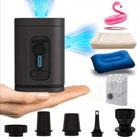 Resim Açık Kamp Elektrikli Şişme Pompası, Vakumlu Sıkıştırma Poşetleri için Taşınabilir Hava Pompası, Vakumlu Sıkıştırma Paketi, Şişme Koltuk, Hava Yastık Yatağı, Tekne, Yüzme Halkası Mini Hızlı Şişme Siyah Sürüm, 5 Nozul ile Şarj Edilebilir Pil, 30W 