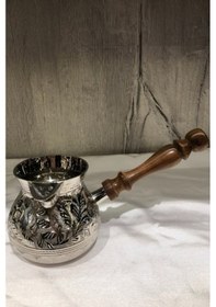 Resim Ahşap Kulplu Pirinç Cezve (Gümüş Rengi) 