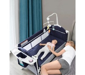 Resim 4'ü 1 Arada Yan Beşik Co-Sleeper Navy Blue Katlanabilir Beşik, Oyun Alanı, Taşınabilir 