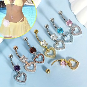 Resim 1 adet Kadınlar için Şık Kalp Şeklinde Dangle Karın Düğmesi Yüzüğü - 14G Paslanmaz Çelik ile Parlayan Taşlar, Altın Tonlu Karın Düğmesi Takıları, Partiler ve Festivaller için Şenlikli Aksesuar, Dekoratif Karın Düğmesi Yüzüğü, Sentetik Taş Aksesuarları 