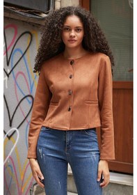 Resim Kadın Esnek Süet Kumaş Sıfır Yaka Flato Cepli Uzun Kol Blazer Ceket-taba Taba 