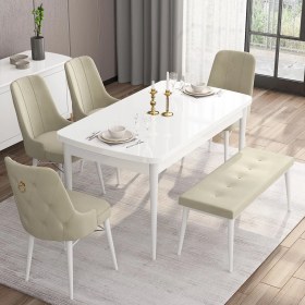 Resim Canisa Concept Are Serisi 80 x 132 cm Açılabilir Benchli Mdf Beyaz Mutfak Masa Takımı 4 Sandalye 1 Bench 
