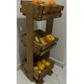 Resim Ela Wood Working Doğal Ahşap 3 Katlı Sebzelik Meyvelik 