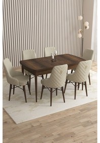 Resim Mazaka Serisi 80x132 Açılabilir Mdf Barok Ahşapdesen Masa Takımı 6 Lacivert Sandalye Krem 