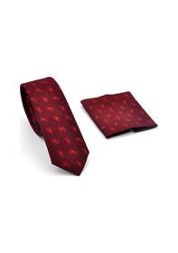 Resim Gaffy Kırmızı Şal Desenli Bordo Dokuma Kumaş Mendilli Slim Fit Kravat // Sdk-240810 Desenli 