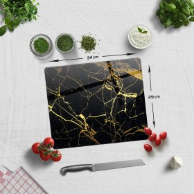 Resim Decorita Altın Detaylı Siyah Mermer | Cam Kesme Tahtası - Cam Kesme Tablası | 29cm X 34cm 