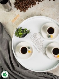 Resim Lin Metal 37cm Yuvarlak Tepsi Ahşap Kulplu Kaktüs Baskılı - Beyaz 