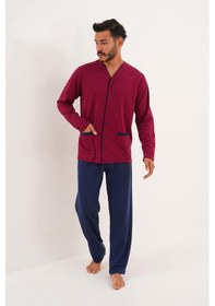 Resim Çift Kaplan Erkek Düz Önden Düğmeli Bordo Pijama Takımı 8002 Bordo 