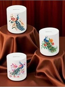Resim Tavus Kuşu ve Çiçek Deseni Baskılı 3'lü Seramik Kumbara 
