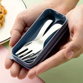 Resim 3 parça paslanmaz çelik kaşık ve çatallı set, kısa saplı küçük yuvarlak kaşık dondurma kaşığı veya tatlı kaşığı olarak kullanılabilir, basit ve dayanıklıdır ve açık hava piknikleri, kamp ve seyahat için taşınabilir bir sofra takımıdır 