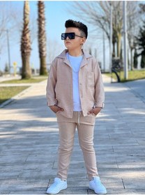 Resim Modavals Kol Katlamalı Keten Gömlek & Beli Lastikli Keten Pantolon & Pamuklu Tshırt & Zincir Aksesuar 4lü Keten Erkek Çocuk Takım Bej 