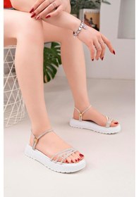 Resim Aymood Kadın Taşlı Şık Beyaz Renk Puf Yumuşak Sandalet Beyaz 
