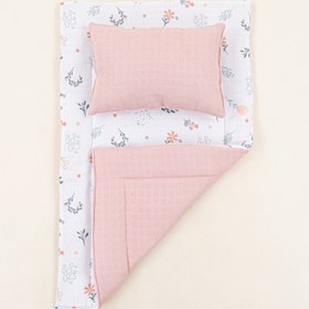 Resim Alt Açma Matı ve Yastık - Çift Taraflı - Pudra Muslin - Yeşil Çiçekler 