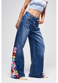 Resim Itsbasic Kadın Mavi Renk 2w5-5 Palazzo Fit Renkli Çiçek Örgü İşlemeli Özel Tasarım Denim Jean 