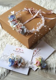 Resim çiğdem kaya design Ikiz Anne Bebek Lohusa Taç Seti Ve Baba Yaka Cicegi (3lü Lohusa Seti) 