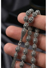 Resim 925 Ayar Oval Kesim 3 Kamçılı Damla Püskül Orta Boy Örgü İşlemeli Otantik Gümüş Tesbih Rzt10015 Gümüş - Siyah 