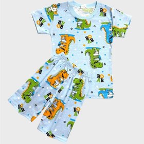 Resim Aliş Kids Erkek Çocuk Pamuklu Mavi Renk Dinozor Desenli Kısa Kollu Şortlu Yazlık Pijama Takımı 
