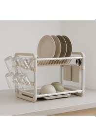Resim Premium Alüminyum Bulaşıklık Paslanmaz 2 Katlı Bardak Tabak Kurutma Sepeti Krem 