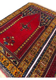 Resim El Dokuma Çift Sıfır Eski Yahyalı Namazlık Kök Boya %100 Yün Seccade Kırmızı 