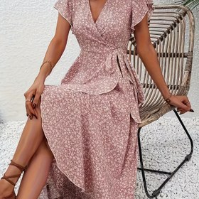 Resim Kadınlar için Şık Kırmızı Çiçekli V-Yaka Midi Elbise - Kısa Kollu, Asimetrik Etek, Akışkan A-Şekilli Siluet, Hafif Polyester Kumaş, Bahar/Yaz/Sonbahar için Mükemmel, Resmi Yaz Elbisesi | Çiçek Baskılı Elbise | Polyester Elbise 