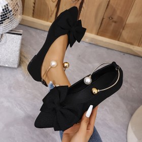 Resim Kadın Siyah Mary Jane Flats Metalik Toka Ayak Bileği Kayışı ve Kurdele Detaylı - Hafif Nokta Burunlu Rahat Ayakkabılar, Tüm Mevsimler İçin Minimalist Tasarım 
