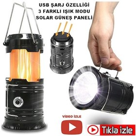 Resim Alev Efektli Kamp Lambası Güneş Enerjili Şarj Edilebilir Usb Lamb 