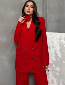 Resim buqre's moda Kadın İkili Blazer Ceket Pantolon Takım Aksesuar Gül ve Düğme Detaylı Bol Paça 