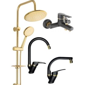 Resim Armilla Armatür Armilla Yuvarlak Gold Robot Duş Seti, Siyah Gold Banyo, Siyah Gold Eviye ve Lavabo Bataryası Musluğu 4’lü Lüx Full Set Armilla 