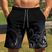 Resim Erkekler için Günlük Plaj Şortları - %100 Polyester, 3D Koyu Çiçek Baskı, Hızlı Kuruyan Kumaş ve İpli Bel - Sörf ve Dış Mekan Aktiviteleri için İdeal, Spor Yüzme Kıyafeti|Rahat Kalıp Şortlar|Polyester Şortlar 