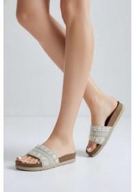 Resim 2232-pien Anatomik Mantar Tabanlı Boncuklu Kadın Terlik Ekru 