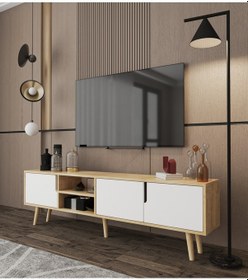 Resim Latina Ahşap Ayaklı Tv Ünitesi Tv Sehpası 180 Cm Safir Meşe - Beyaz Safir - Beyaz 