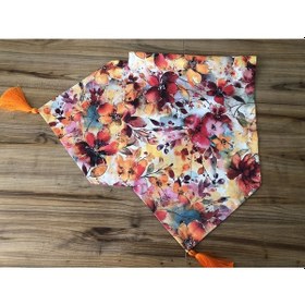 Resim Keten Efektli Soyut Çiçekler Desenli Runner Çok Renkli 