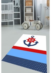 Resim Dijital Baskılı Mavi Gemici Desen Dekoratif Yıkanabilir Kaymaz Taban Çocuk Halısı Çok Renkli 