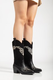 Resim MS SUGAR SHOES Kadın Vegan Deri Süet Beyaz Nakışlı Floral Çiçek Detaylı Nakışlı Western Kovboy Bot Çizme 