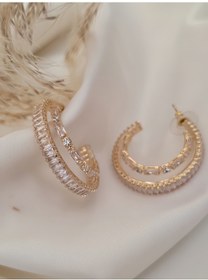 Resim İkili Yarım Halka Model Zirkon Taşlı Antialerjik Vip Halka Gold Renk Küpe Antialerjik Gold 