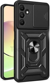 Resim Samsung Galaxy M15 Kılıf Sürgülü Kamera Korumalı Yüzüklü Stand Olabilen Magnetic Tpu Tank Kapak Siyah 