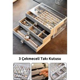 Resim MCM Group Modern Gri 3 Çekmeceli Takı Bijuteri Mücevher Kutusu Organizer Düzenleyici Şeffaf 13 x 23 x 10 cm 