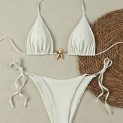 Resim Kadın Şık Düz Renk Seksi Bağcıklı Kabuk Süslemeli Bikini Takımı Mayo 