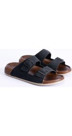 Resim Albishoes Unisex Erkek Tokalı Yumuşak Rahat Taban Deri Görünümlü Günlük Ev Dışarı Erkek Terlik 