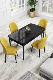 Resim Canisa Concept Rio Serisi 80x132 Açılabilir MDF Mutfak Masası Takımı Siyah Mermer Desen Masa 4 Hardal Sandalye 