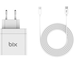 Resim Bix BX-UC65WFTA 65W PD Hızlı Şarj Adaptörü ve E-Mark Çipli 2 Metre USB-C Kablo Beyaz 